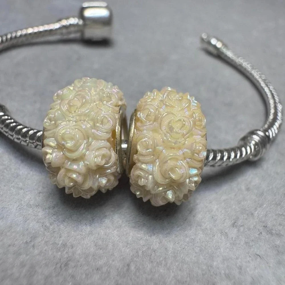 2Pcs Iridescent Yellow Rose Flower Beads Charm fits PANDORA